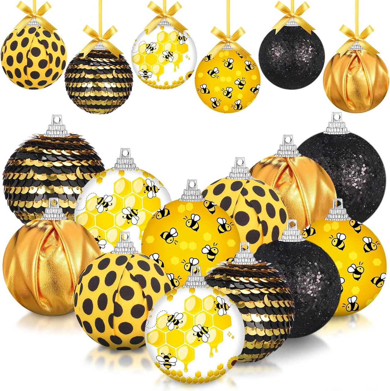 12 Pieces 2 Inch Bee Ornament for Tree Bee Hanging Ornaments Decorations Black Honeycomb Balls Summer Tree Decorations for Baby Shower Holiday Party Favors